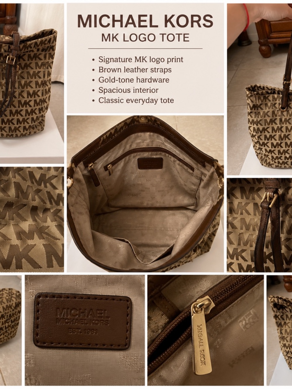 Michael Kors Brown and Tan MK Logo Canvas Tote